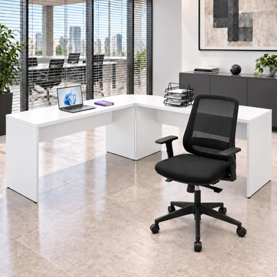 Mesa De Escritório Em L 140x60cm Com Conexão + Cadeira De Escritório Netflex Ergonômica Reclinável - Branco