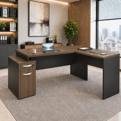 Mesa De Escritório Em L Pedestal Diretor 165x70cm Executiva Com Gaveta, Fechadura E Porta Netmobil - Nogal/preto