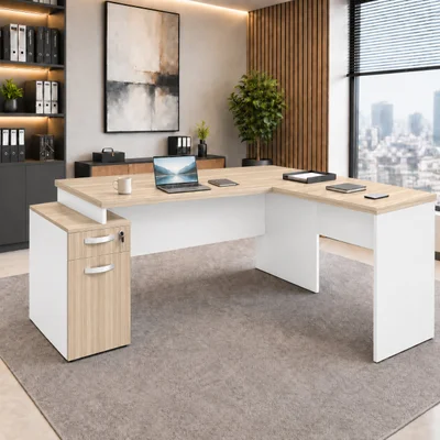 Mesa De Escritório Em L Pedestal Diretor 165x70cm Executiva Com Gaveta, Fechadura E Porta Netmobil - Dubai/branco