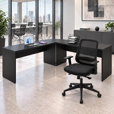 Mesa De Escritório Em L 140x60cm Com Conexão + Cadeira De Escritório Netflex Ergonômica Reclinável - Preto