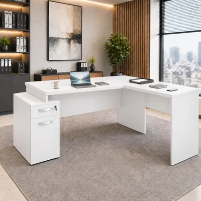 Mesa De Escritório Em L Pedestal Diretor 165x70cm Executiva Com Gaveta, Fechadura E Porta Netmobil - Branco