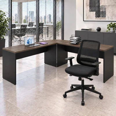 Mesa De Escritório Em L 140x60cm Com Conexão + Cadeira De Escritório Netflex Ergonômica Reclinável - Nogal/preto