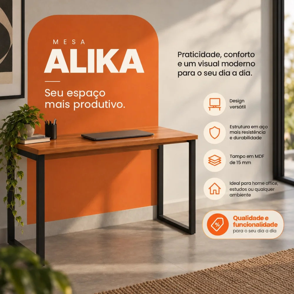 Imagem 4 de 5 do produto Mesa Escrivaninha Alika Preto/canela Mdf E Aço 110cm