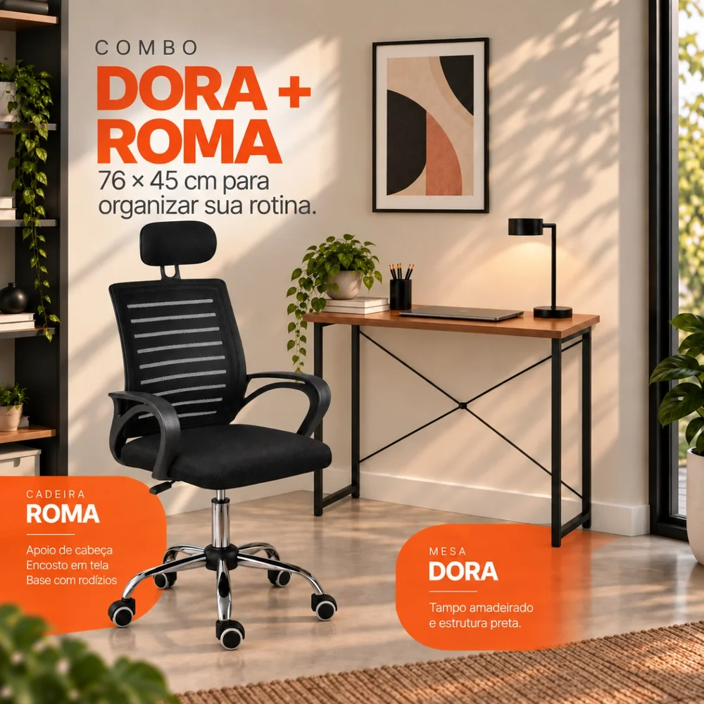 Imagem 2 de 5 do produto Conjunto De Escritório Mesa Dora E Cadeira Diretor Roma Preto