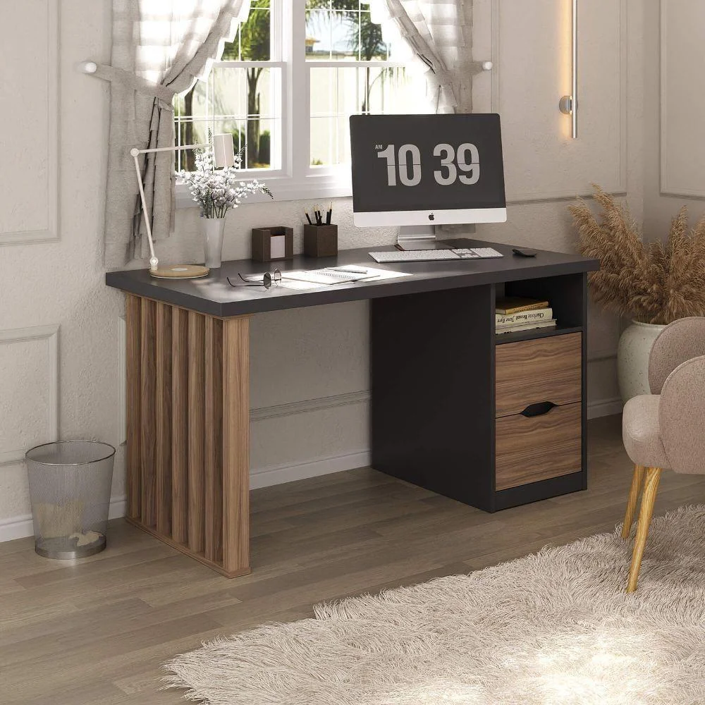 Imagem 2 de 5 do produto Escrivaninha Florence Moderno 2 Gavetas Mdp 142cm Preto Artany