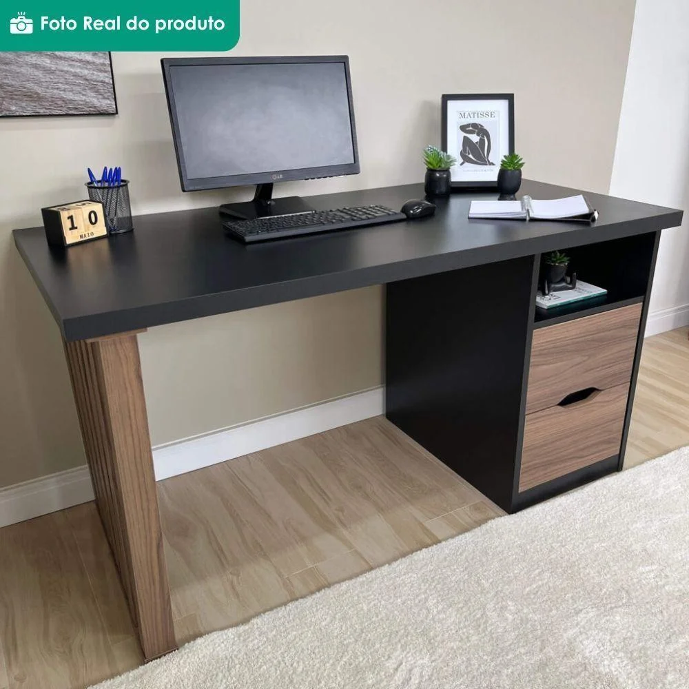 Imagem 5 de 5 do produto Escrivaninha Florence Moderno 2 Gavetas Mdp 142cm Preto Artany
