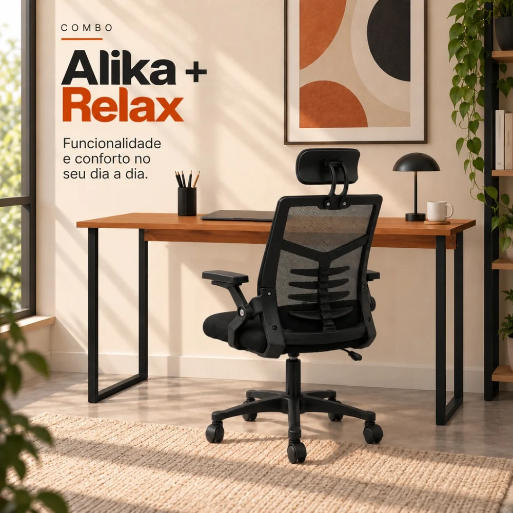 Imagem 2 de 5 do produto Conjunto De Escritório Mesa Alika E Cadeira Diretor Relax Preto