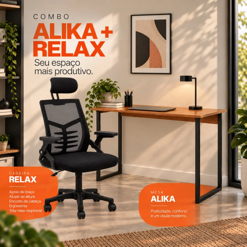 Imagem 3 de 5 do produto Conjunto De Escritório Mesa Alika E Cadeira Diretor Relax Preto
