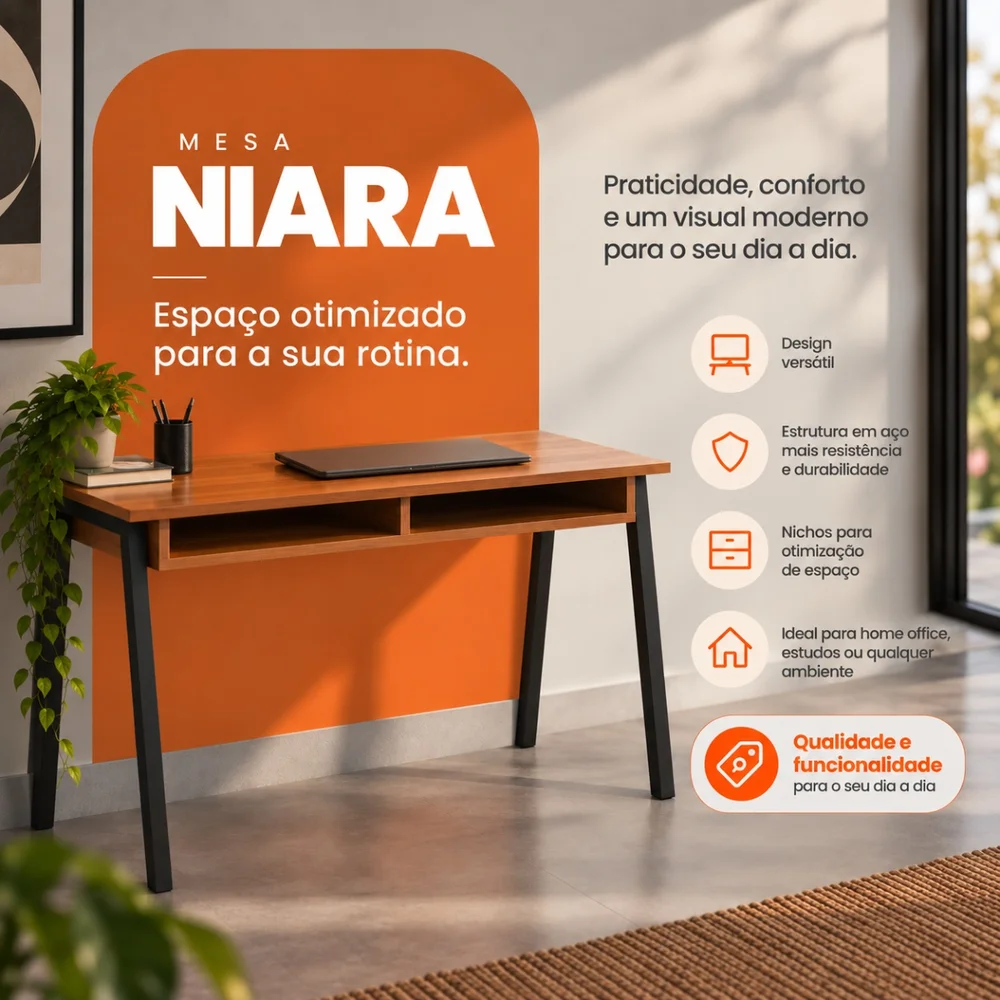 Imagem 3 de 5 do produto Mesa Escrivaninha Niara Com Nicho Home Office Preto/canela 100cm