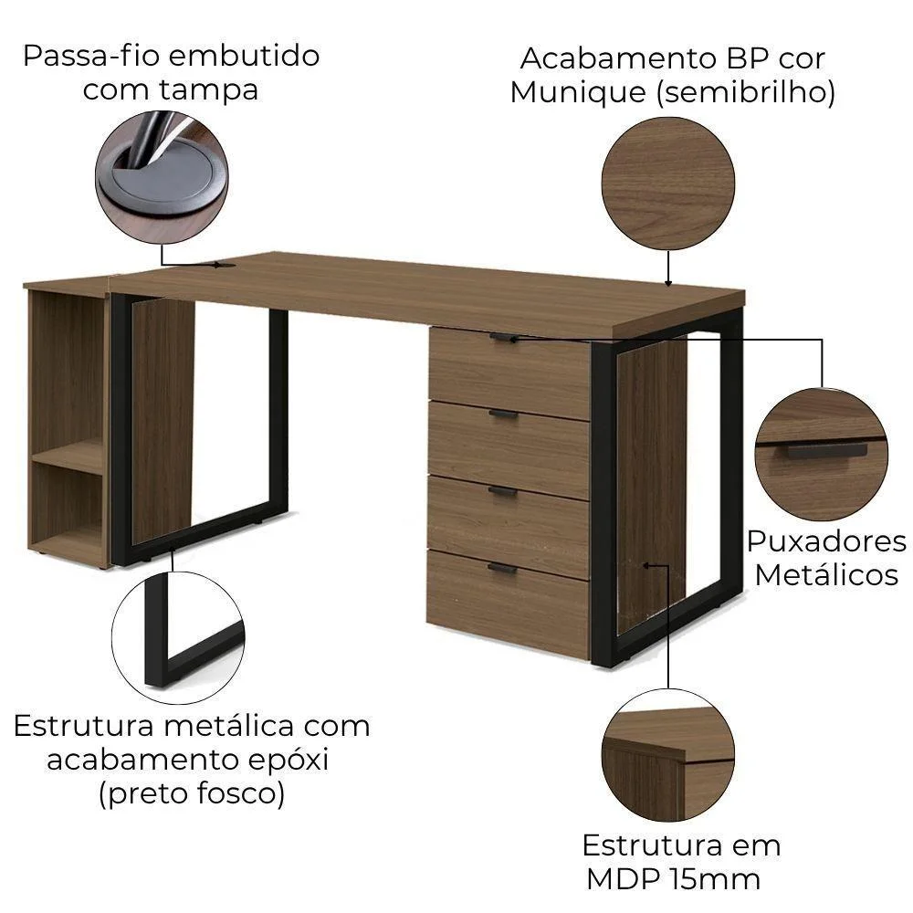 Imagem 2 de 5 do produto Conjunto Escritorio Industrial 3 Peças 150 Cm Frame Kappesberg Munique