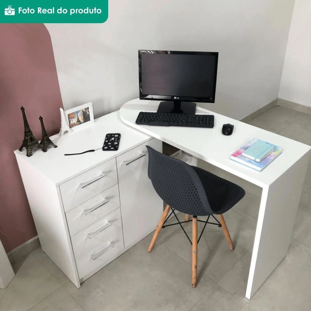 Imagem 2 de 5 do produto Escrivaninha Em L Logan Moderno 4 Gavetas Mdp 109cm Branco Artany