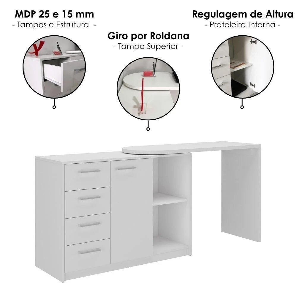 Imagem 3 de 5 do produto Escrivaninha Em L Logan Moderno 4 Gavetas Mdp 109cm Branco Artany