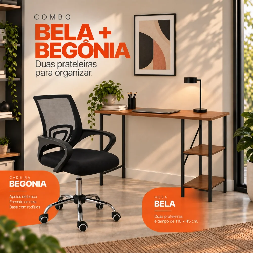 Imagem 2 de 5 do produto Conjunto De Escritório Mesa Bela E Cadeira Begônia Mesh Preto