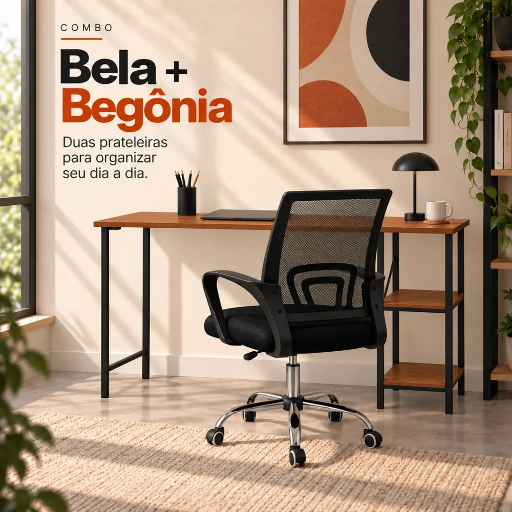 Imagem 5 de 5 do produto Conjunto De Escritório Mesa Bela E Cadeira Begônia Mesh Preto