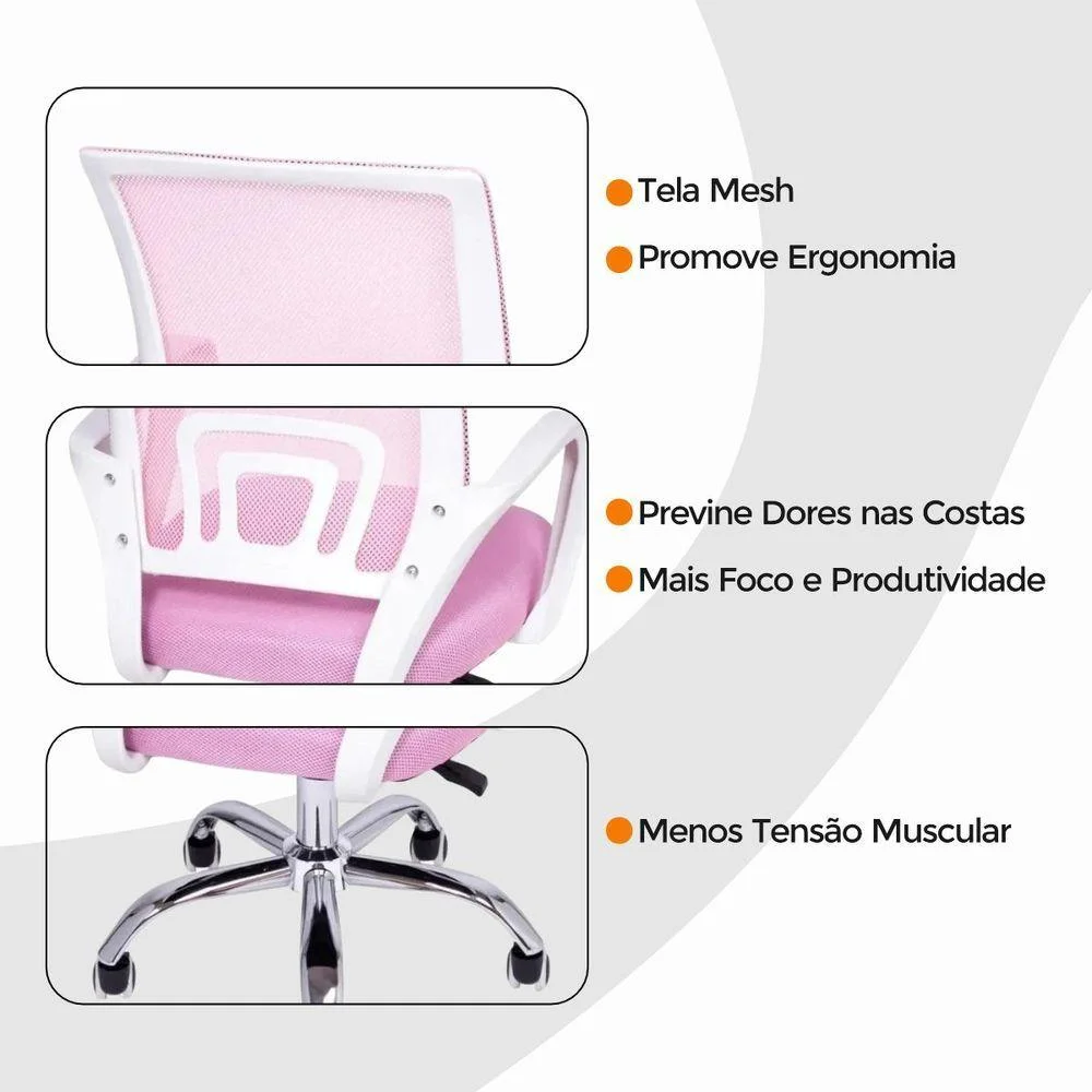 Imagem 2 de 5 do produto Kit 6 Cadeiras De Escritório Begonia Ergonômica Tela Mesh Base Giratória Ajustável Rosa Oficial