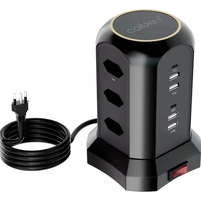 Tomadas Extensão De Torre 3 Em 1 9 Tomadas 10a 4usb + 2usbc Carregador Celular Preto