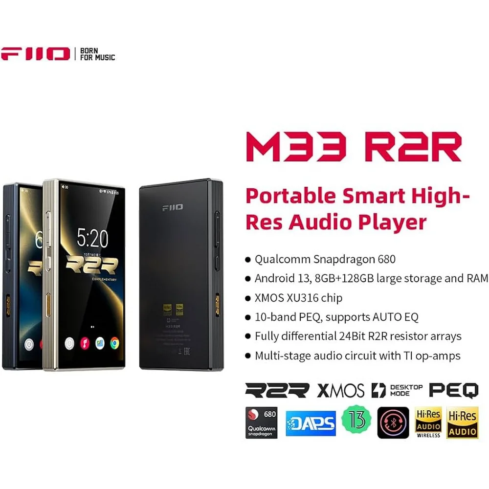 Imagem 2 de 5 do produto Media Player De Áudio Fiio M33 R2r Hi-res Android 13 128GB Bluetooth Wi-fi Dac 4.4mm Preto