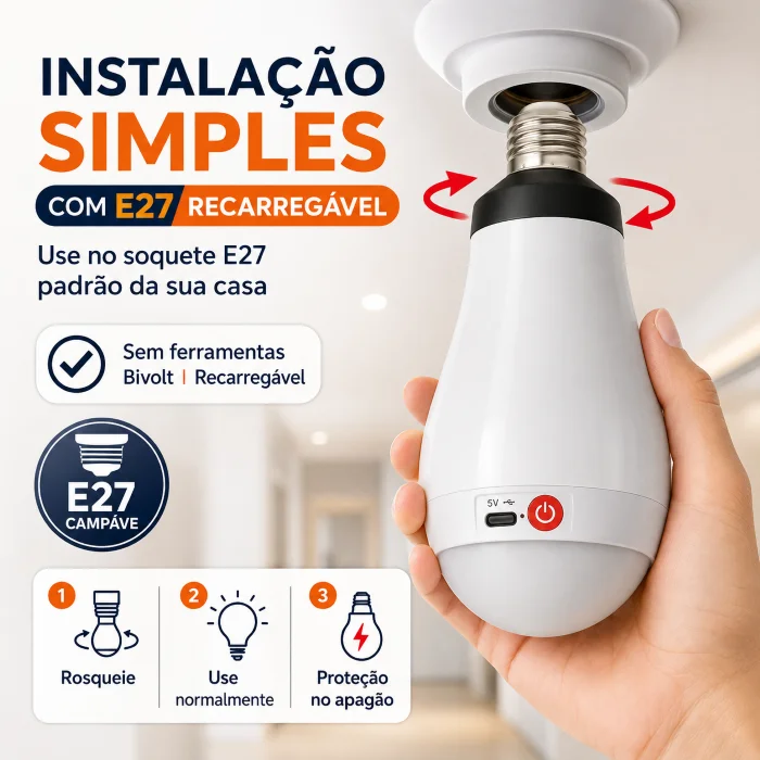 Imagem 3 de 5 do produto Lâmpada LED Bulbo E27 20w Emergência Recarregável Bivolt Usb-c 6500k 1200lm Portátil