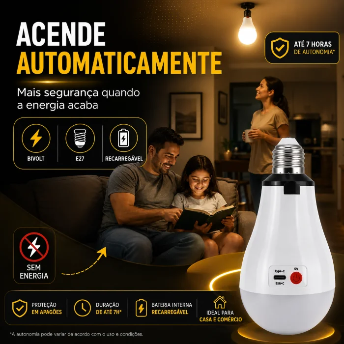 Imagem 5 de 5 do produto Lâmpada LED Bulbo E27 20w Emergência Recarregável Bivolt Usb-c 6500k 1200lm Portátil