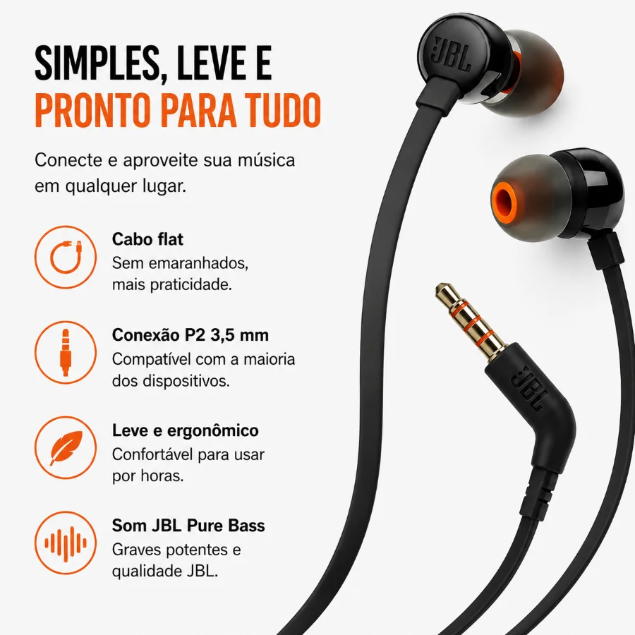 Imagem 4 de 5 do produto Fone De Ouvido Jbl Tune 110 Com Fio P2 3,5mm In-ear Pure Bass Microfone