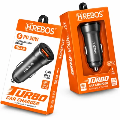 Carregador Veicular Kit Turbo 20w Usb-c Lightning Hrebos