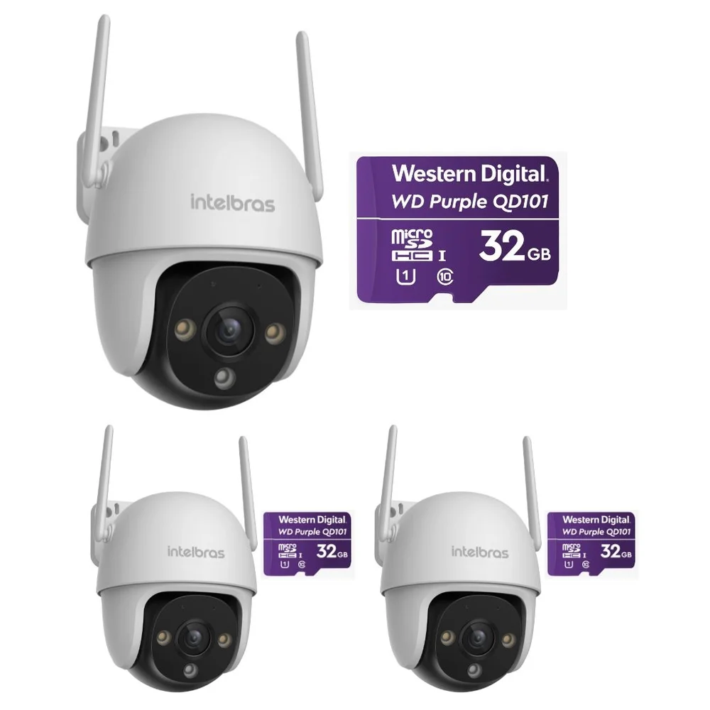 Kit 3 Câmeras Inteligente Wi-fi 2 Megapixels Full Hd 360° Im7 S Full Color + Cartão 32 Gb Intelbras