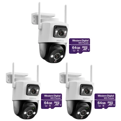 Kit 3 Câmeras Inteligente Wi-fi 3 Megapixels 360º C/ Cartão 64gb Im9+ Full Color Intelbras