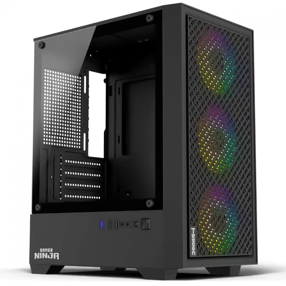 Gabinete Gamer Ninja Tessen, Mid Tower, Vidro Temperado, M-atx, Com 3 Fans Rainbow, Sem Fonte, Preto, Gn-cs-mtbsf