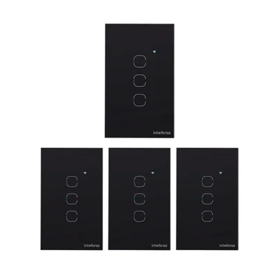 Kit 4 Interruptores Touch Inteligente Wi-fi 3 Teclas Eiw 1003 Preto Intelbras