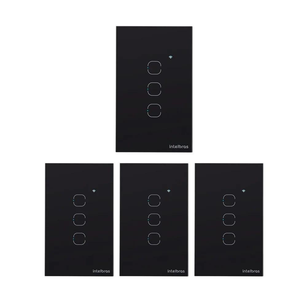 Kit 4 Interruptores Touch Inteligente Wi-fi 3 Teclas Eiw 1003 Preto Intelbras