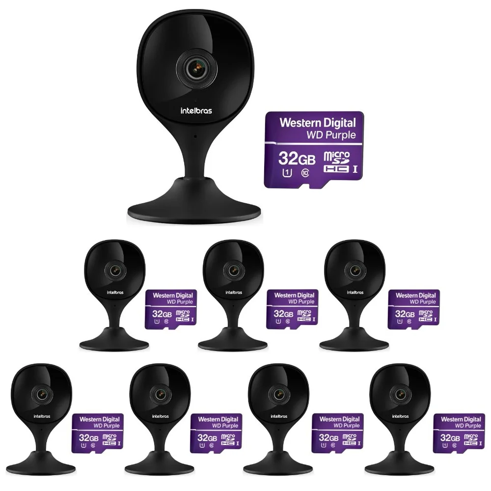 Kit 8 Câmeras Wi-fi Inteligente Com Alarme E Armazenamento Em Nuvem + Cartão De Memória 32 Gb Imx C Black Intelbras