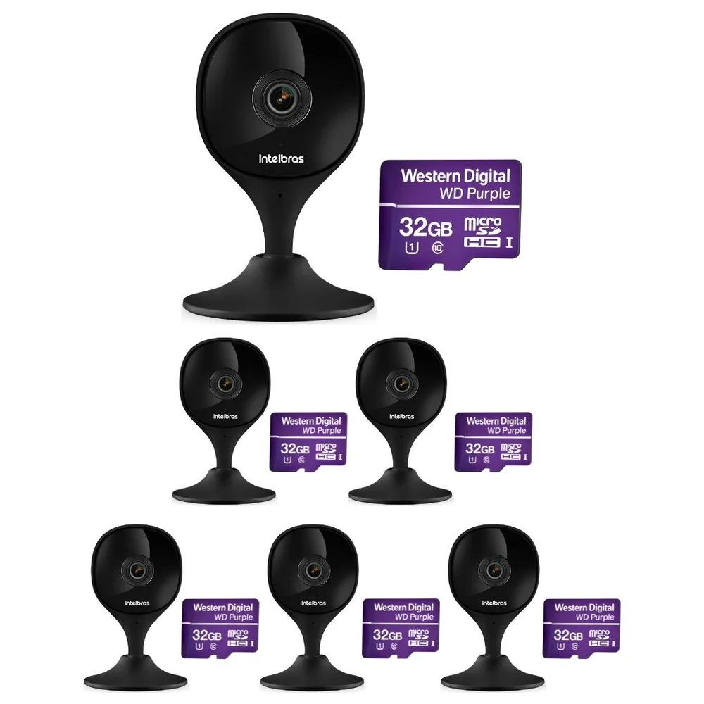 Kit 6 Câmeras Wi-fi Inteligente Com Alarme E Armazenamento Em Nuvem + Cartão De Memória 32 Gb Imx C Black Intelbras