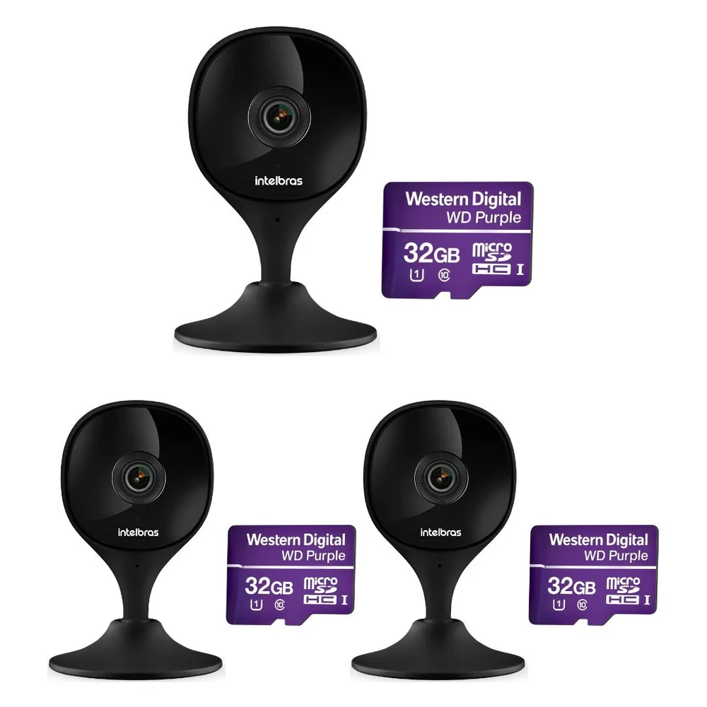 Kit 3 Câmeras Wi-fi Inteligente Com Alarme E Armazenamento Em Nuvem + Cartão De Memória 32 Gb Imx C Black Intelbras