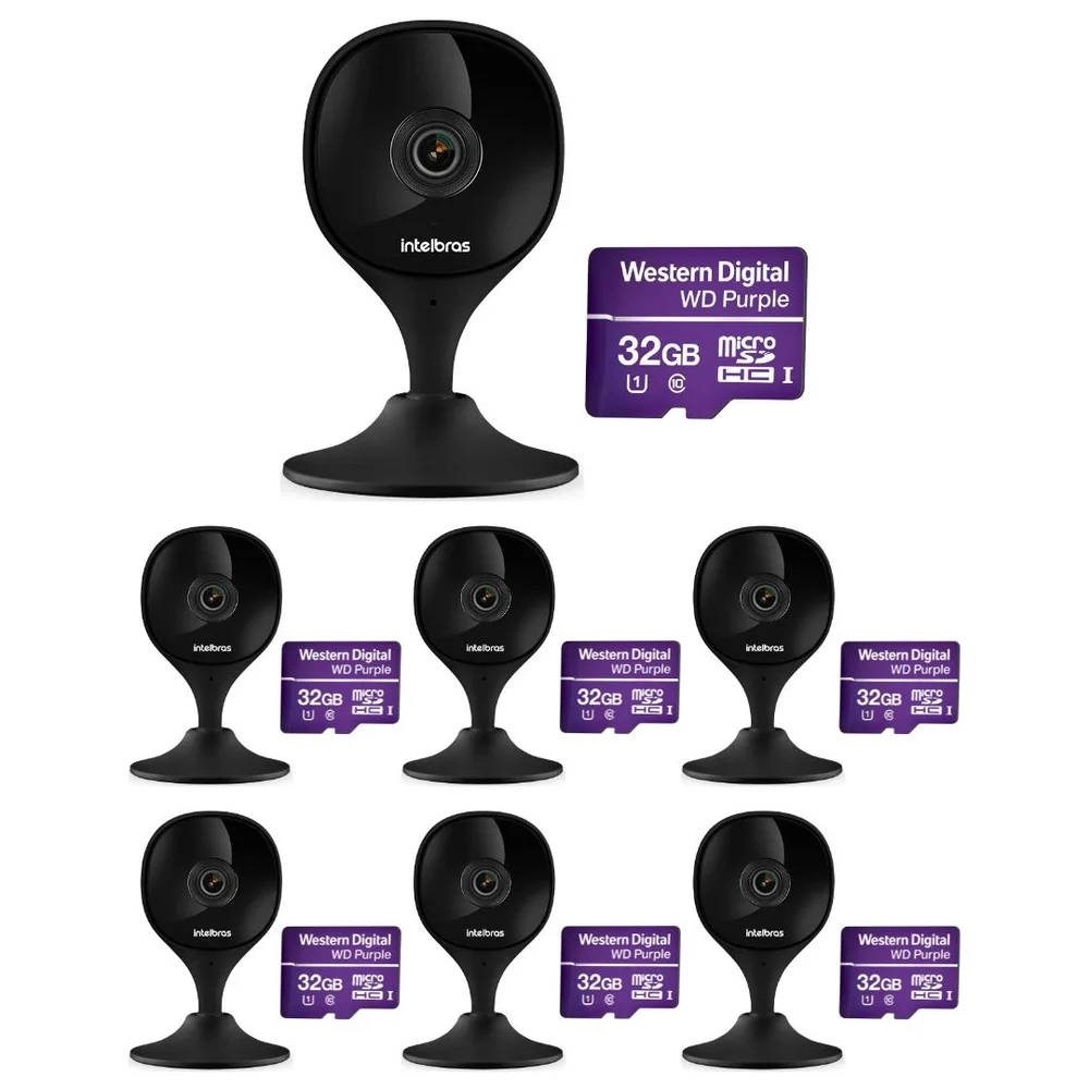 Kit 7 Câmeras Wi-fi Inteligente Com Alarme E Armazenamento Em Nuvem + Cartão De Memória 32 Gb Imx C Black Intelbras
