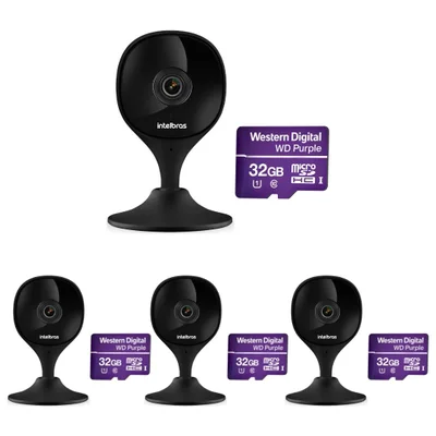 Kit 4 Câmeras Wi-fi Inteligente Com Alarme E Armazenamento Em Nuvem + Cartão De Memória 32 Gb Imx C Black Intelbras