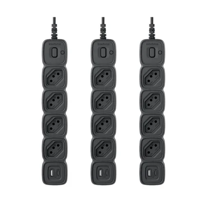 Kit 3 Protetores Eletrônico 4 Tomadas + 2 Usb 20w C/cabo 1 Metro Preto Epe 2004 Usb Intelbras