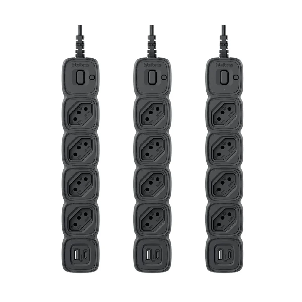 Kit 3 Protetores Eletrônico 4 Tomadas + 2 Usb 20w C/cabo 1 Metro Preto Epe 2004 Usb Intelbras