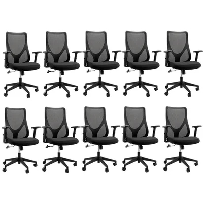 Kit 10 Cadeiras Diretor Oficial Comfort Corporate Pro Tela Mesh Base Giratória Braço Ajustável Preto