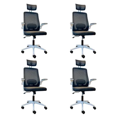 Kit 4 Cadeiras De Escritório Presidente Prime Executiva Tela Mesh Base Giratória Branco E Preto