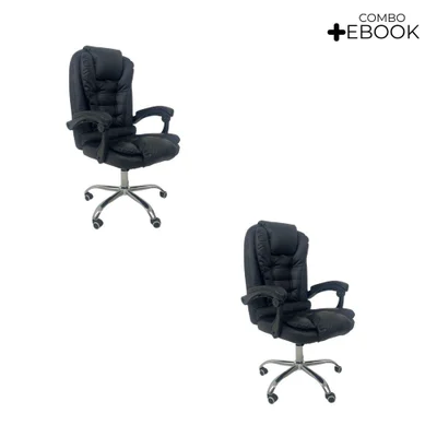 Kit 2 Cadeiras De Escritório Presidente Reclinável Base Giratória Couro Sintético Preta