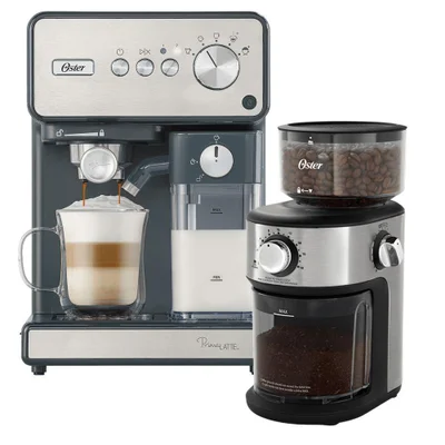 Kit Cafeteira Expresso Primalatte Inox Oster 18 Xícaras Cinza 110v