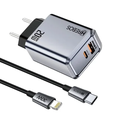 Hrebos Premium | Carregador Axion Charge 20w Turbo Usb + Usb-c Pd Com Cabo Type-c Para Lightning – Cinza Crg-264ci