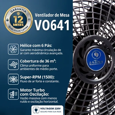 Ventilador De Mesa Latina 40cm 6 Pas Silencioso Vo641 220v — foto 3