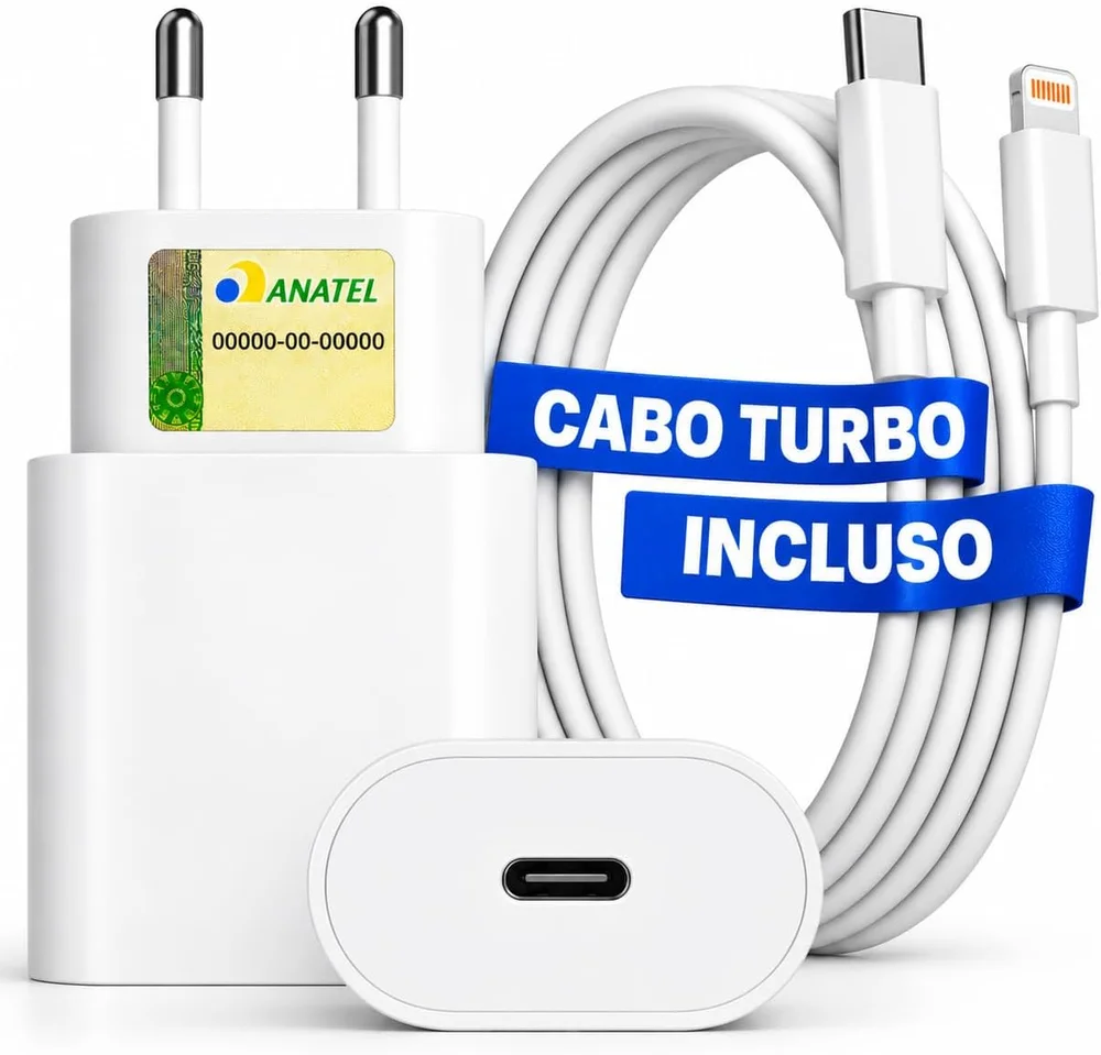 Carregador Turbo Compativel Com Iphone 14 13 12 11 Xr Xs X 8 7 + Cabo Usb-c Carregamento Ultra Rápido Homologado Anatel