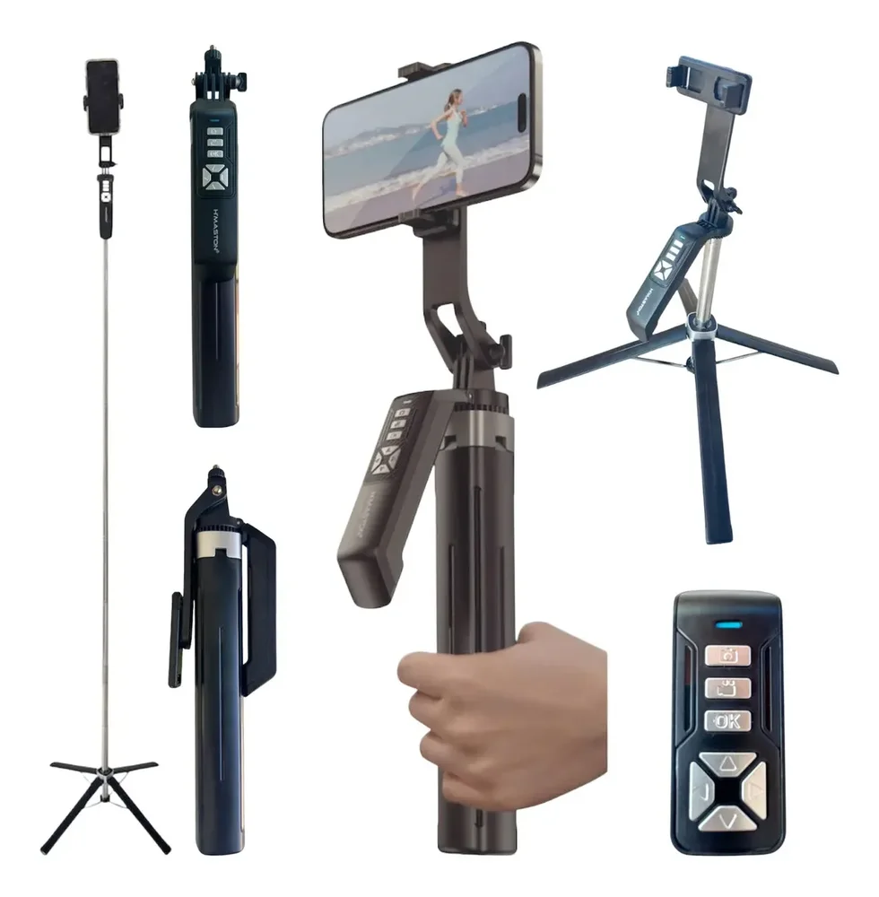 Tripé Bastão De Selfie Para Celular E Câmera Universal H'maston 180 Cm Estável, Preto, Com Controle Remoto Bluetooth E Rotação 360°
