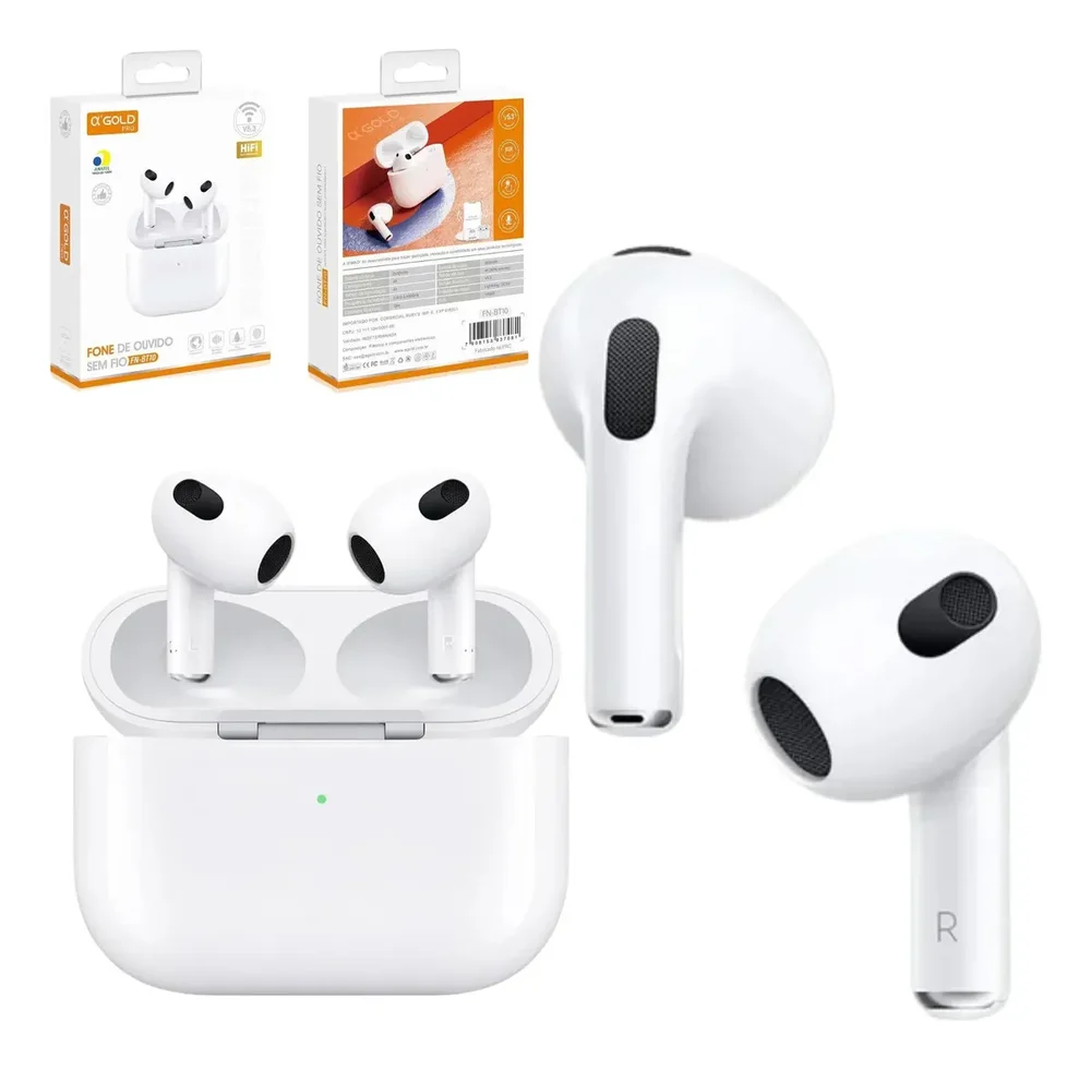 Fone de Ouvido A'Gold TWS Bluetooth Com Microfone e Estojo de Carregamento Branco