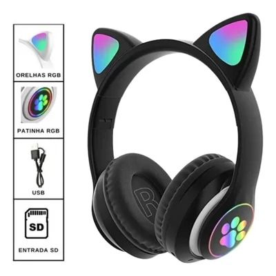 Fone De Ouvido Gatinho Bluetooth 5.1 Com Luz LED E Fm Preto — foto 3