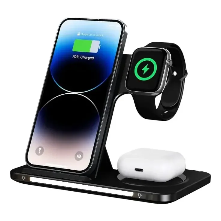 Carregador Indução Estação 3 Em 1 Celular Relógio Fone Para Iphone Apple Watch Airpods Suporte Mesa Dobrável Portátil