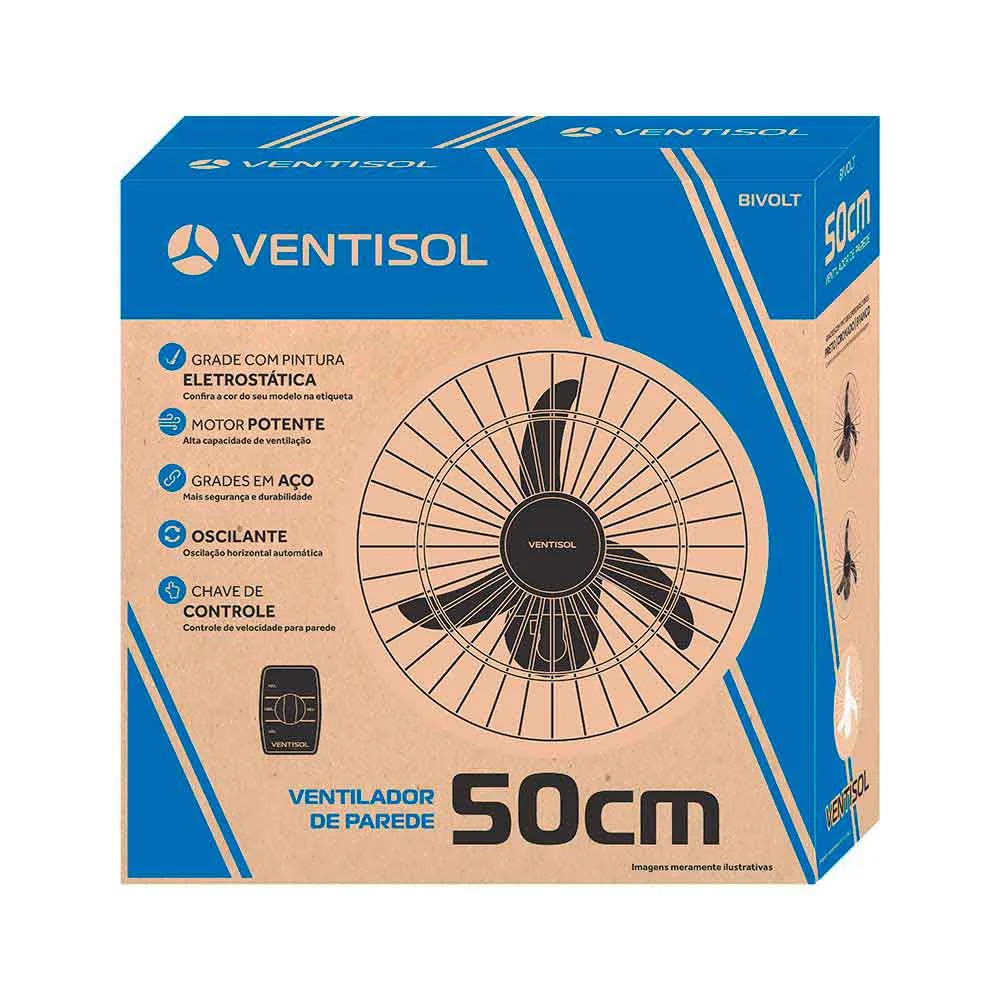 Imagem 3 de 5 do produto Ventilador De Parede Ventisol Premium, 50cm, 3 Pás, 200W, Bivolt, Preto