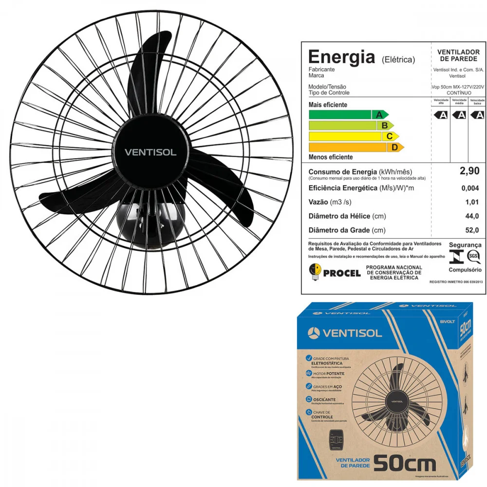 Imagem 5 de 5 do produto Ventilador De Parede Ventisol Premium, 50cm, 3 Pás, 200W, Bivolt, Preto